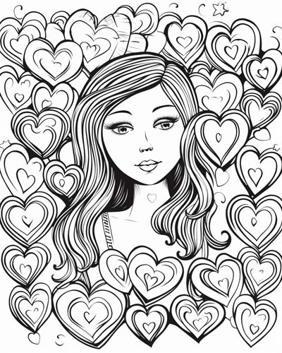 Valentine's Day girl surrounded by hearts coloring page