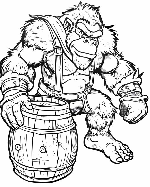 Donkey Kong with a barrel coloring page
