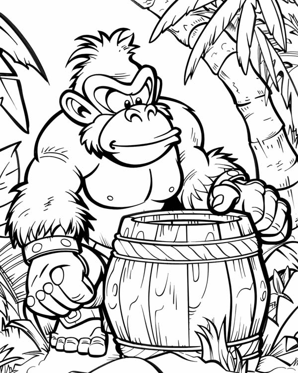 Donkey Kong with a barrel coloring page