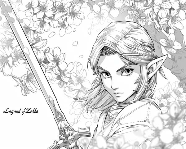 anime coloring page of Link and cherry blossoms