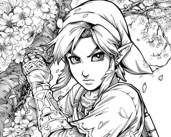 anime coloring page of Link and cherry blossoms