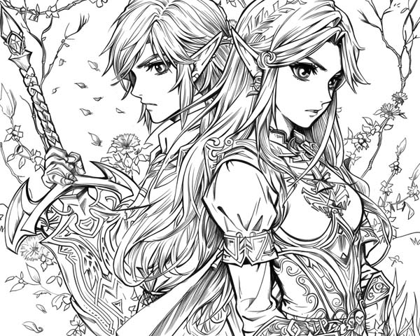 anime coloring page of Link and Princess Zelda