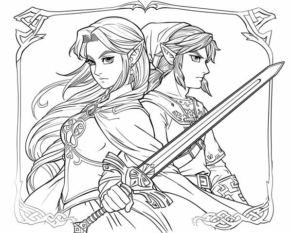 simple coloring page of Link and Princess Zelda