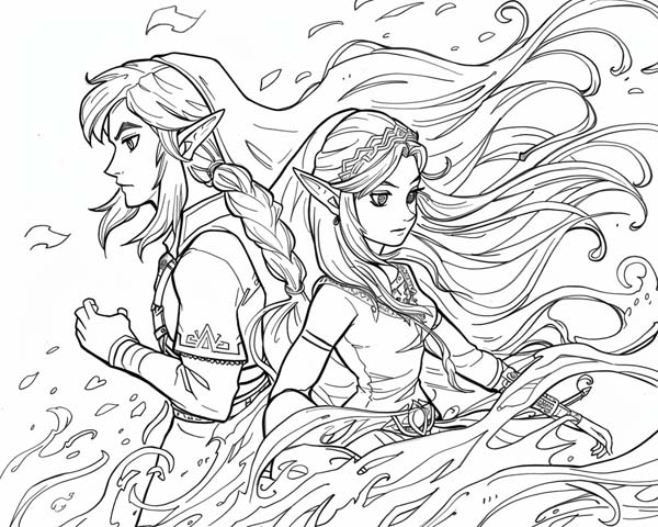 coloring page of Link and Princess Zelda