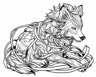 coloring page of Fenrir the wolf wrapped in the ribbon Gleipnir