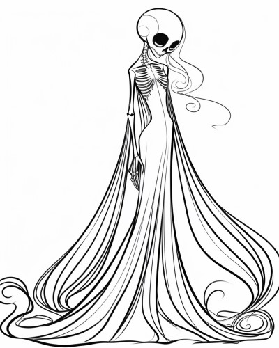 coloring page of Hel with a skeletal face
