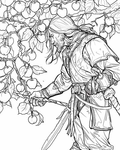 coloring page of Loki examining apples of immortality