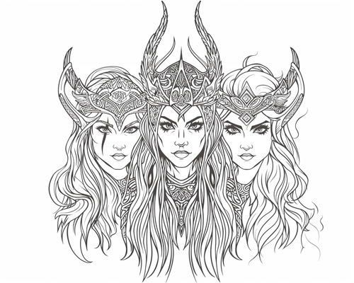 coloring page of Urðr, Verðandi, and Skuld