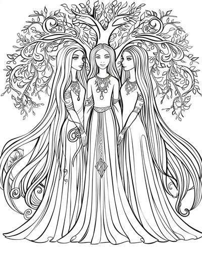 coloring page of The Norns underneath of Yggdrasil, the World Tree