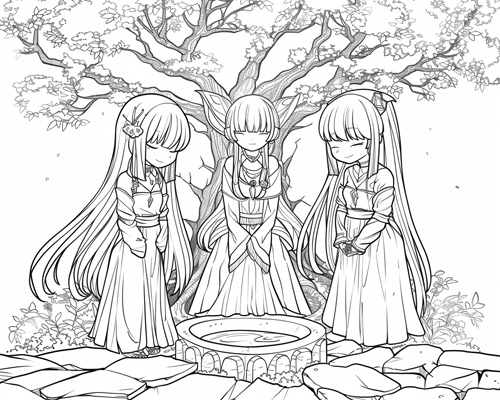 coloring page of Urðr, Verðandi, and Skuld
