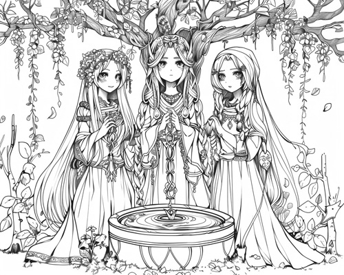 coloring page of The Norns and the sacred well of Urðr