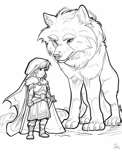 coloring page of the young Tyr and his companion Fenrir 