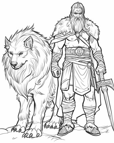 coloring page of the norse god, Tyr and Fenrir