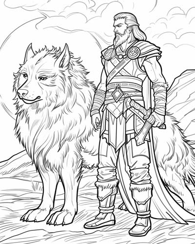 coloring page of the norse god Tyr and his companion Fenrir