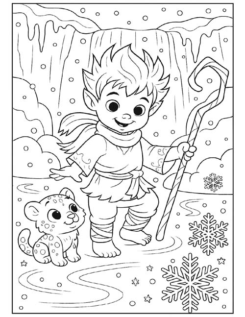 Jack Frost and a snow leopard cub coloring page