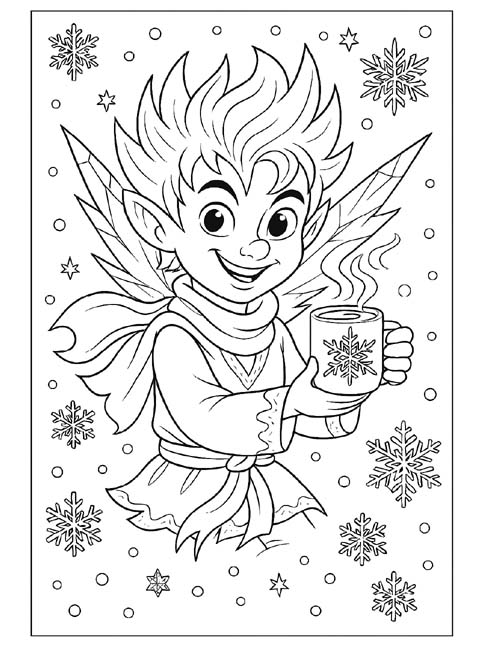 coloring page of Jack Frost drinking hot chocolate