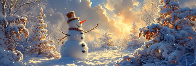 realistic digital art of a snowman in a snowy forest