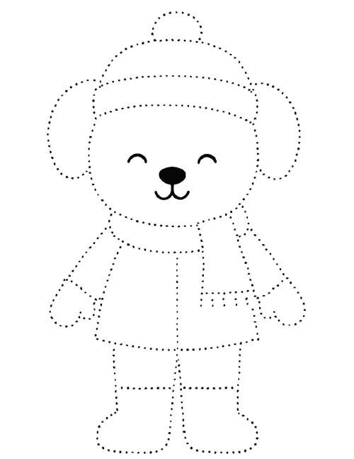 easy dotted outline coloring page of a puppy dressed for winter