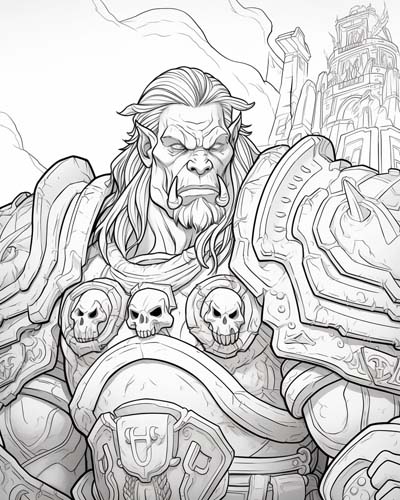 Coloring page of an orc warrior in fierce armor