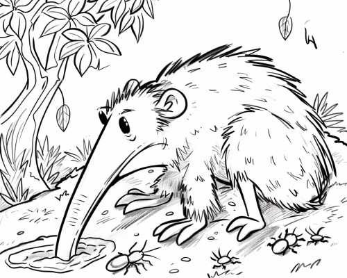 coloring page of an anteater with his nose in an anthill