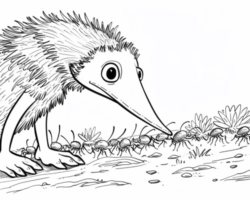 coloring page of an anteater watching a line of ants