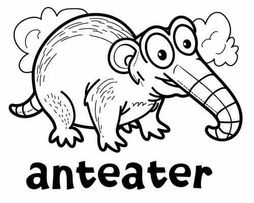 coloring page of a cartoon anteater with label 