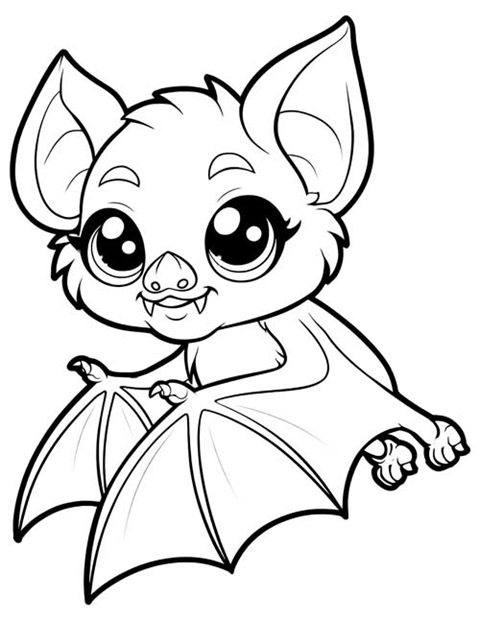Coloring page of a cute cartoon bat with big eyes and little fangs
