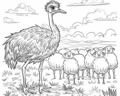 ostrich and a herd of sheep coloring page