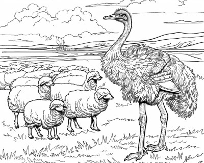 ostrich and a herd of sheep coloring page