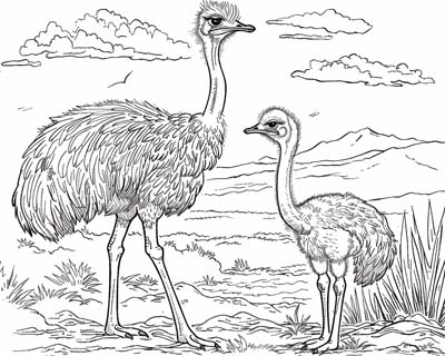 ostrich father and young ostrich coloring page