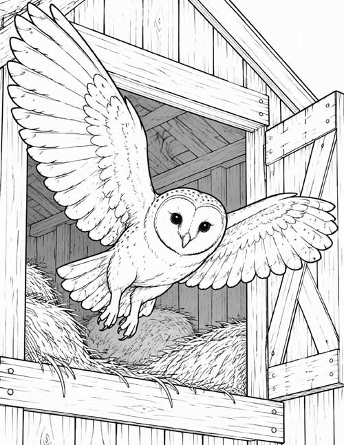 detailed, fine line coloring page of a barn owl flying out of a barn