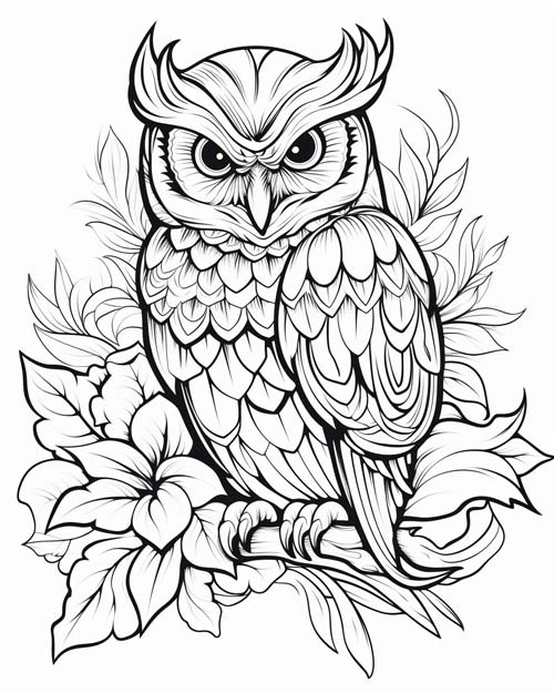 graphic coloring page of an owl