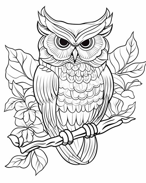 graphic coloring page of an owl