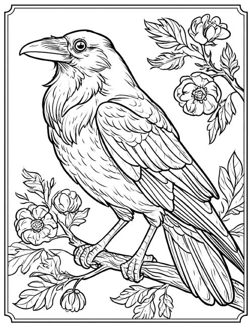 classic coloring page of a raven with flowery tree branches