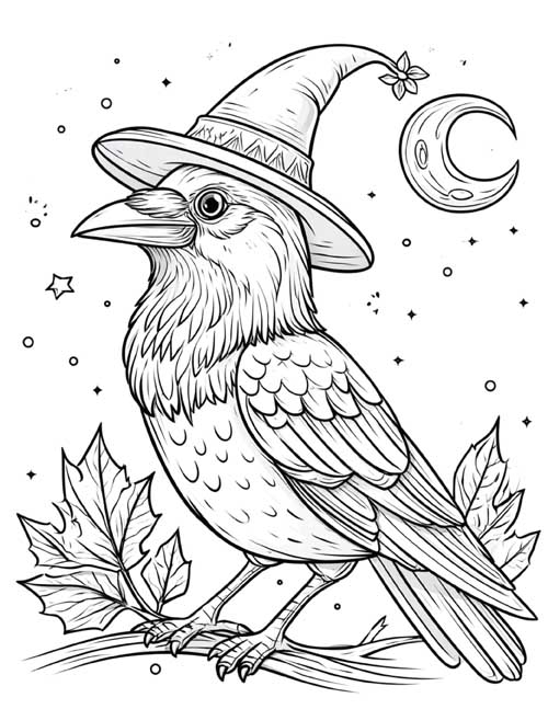 ink sketch coloring page of a raven with a witch's hat