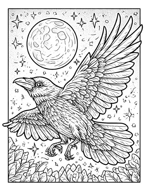 ink sketch coloring page of a  raven flying in the moonlight