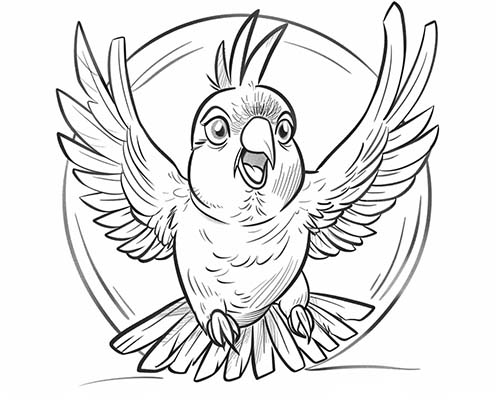 coloring page of a cockatiel flying