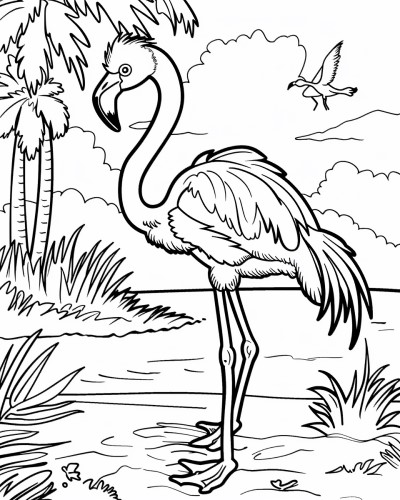 coloring page of a a flamingo by the water