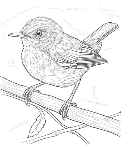 coloring page of a realistic wren sitting on a branch