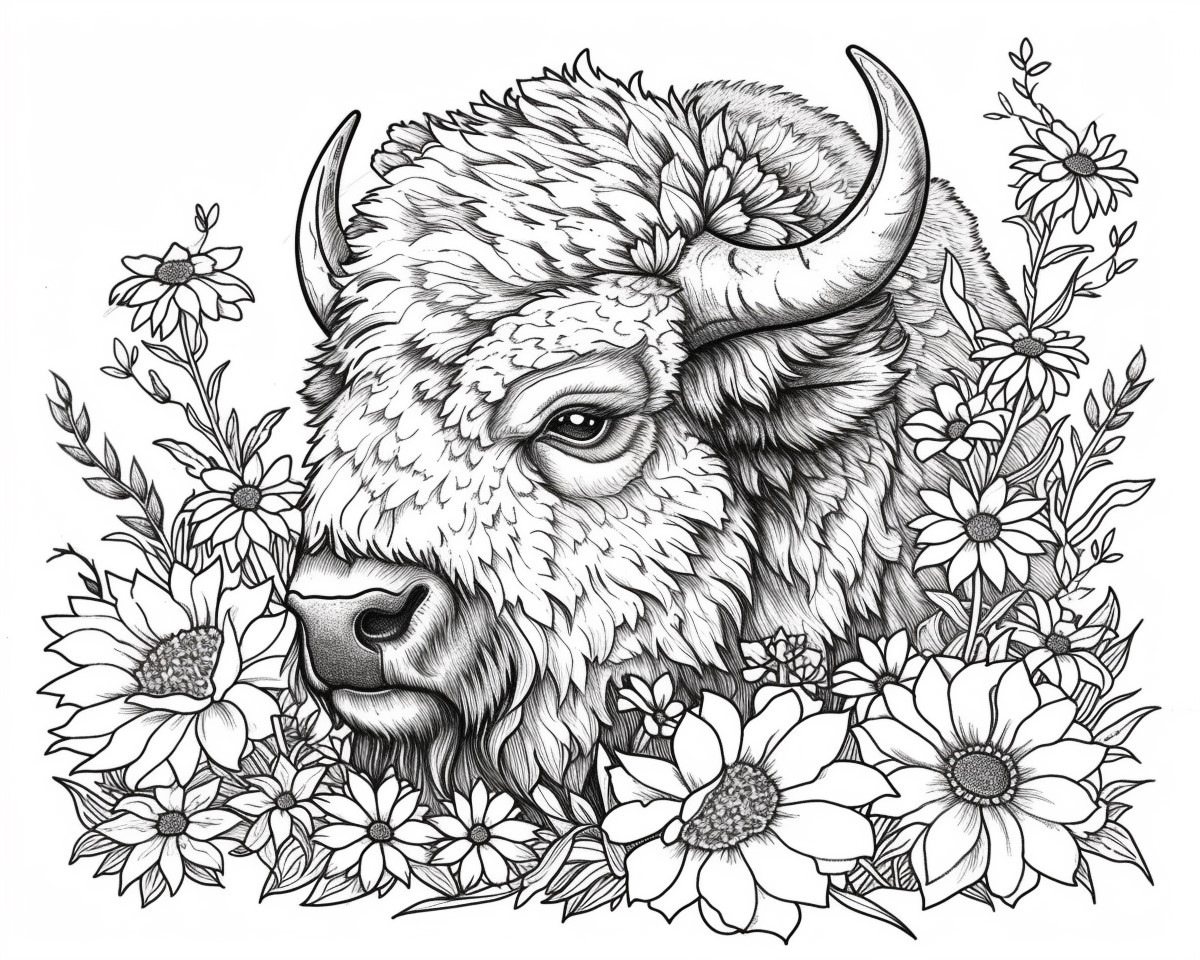 adult coloring page of a bison surrounded by flowers