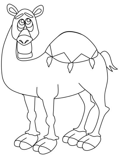 hand drawn coloring page of a camel with a decorated saddle