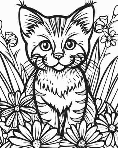  cat in the garden adult coloring page