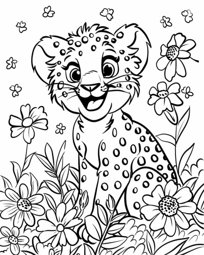Coloring page of a cheetah with flowers