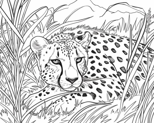 Coloring page of a cheetah lying in the grass