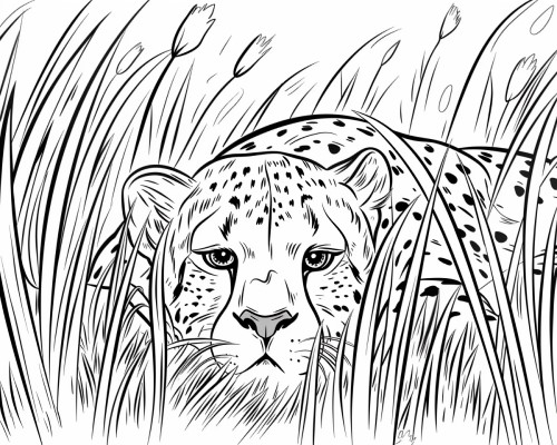 Coloring page of a cheetah crouched low in the grass