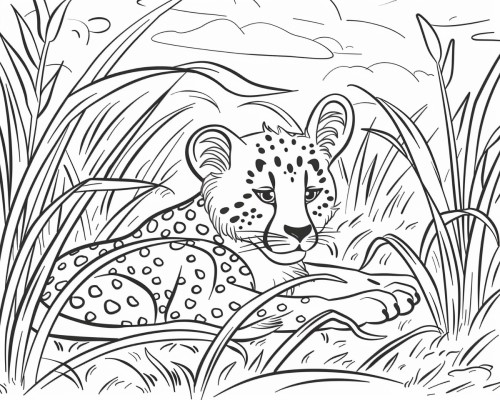Realistic coloring page of a baby cheetah resting