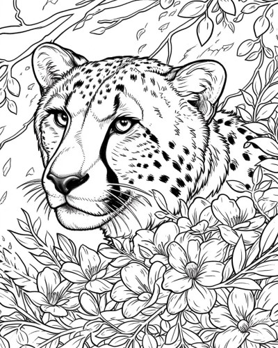 Detailed adult coloring page of a cheetah with flowers
