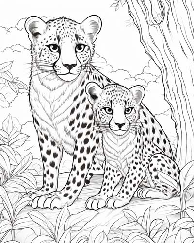 Coloring page of a cheetah and her cub