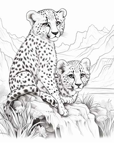 Realistic coloring page of cheetah cubs