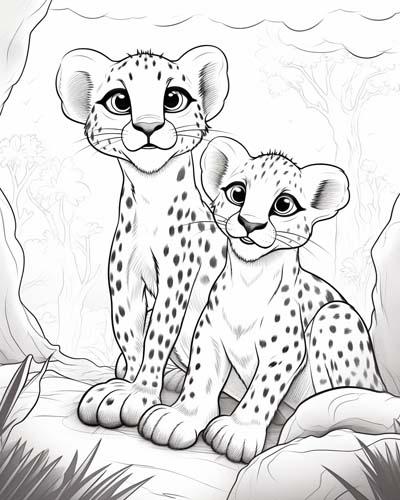 Cartoon coloring page of cheetah cubs